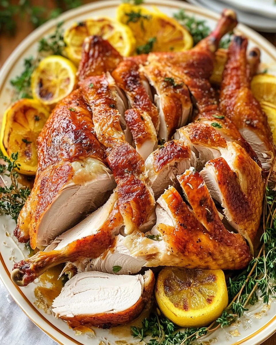 Perfectly cooked spatchcock turkey with juicy meat and crispy skin on a platter.