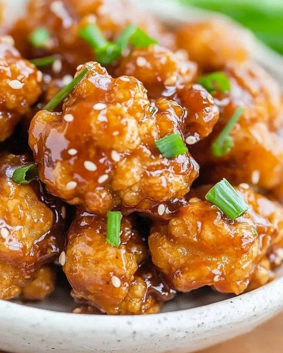 Sticky sesame cauliflower dish garnished with sesame seeds and green onions