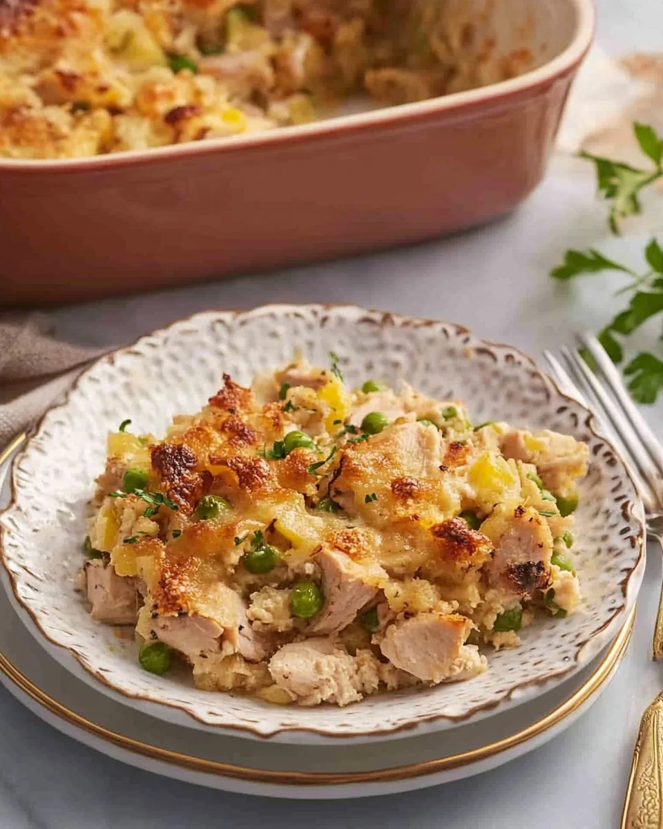 Delicious turkey casserole topped with breadcrumbs and herbs in a baking dish.