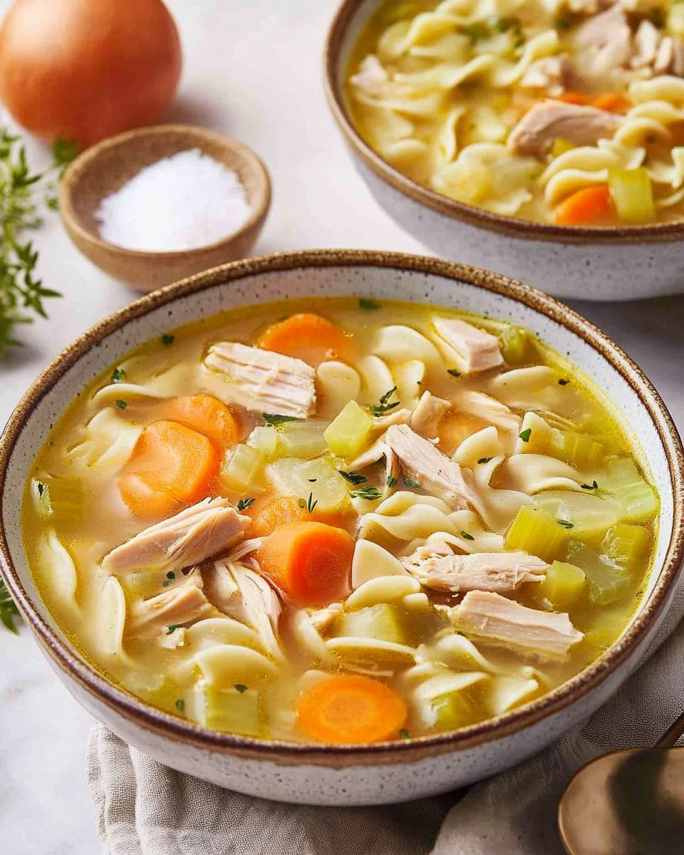 Bowl of hearty turkey noodle soup with vegetables and noodles.